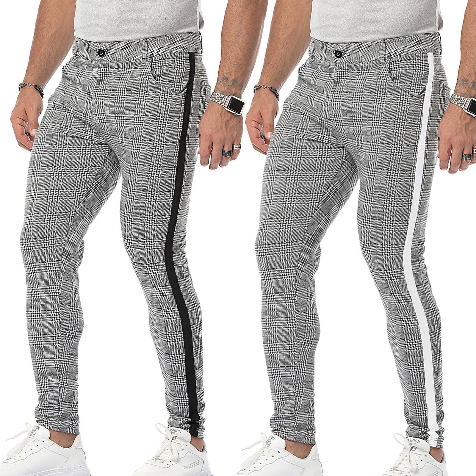 Мужские клетчатые брюки, тонкие зауженные повседневные эластичные классические брюки с плоской передней частью и расширяемой талией, клетчатые классические брюки